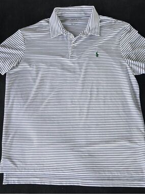 Polo by Ralph Lauren White Polo with Thin Navy Stripes and Green Pony